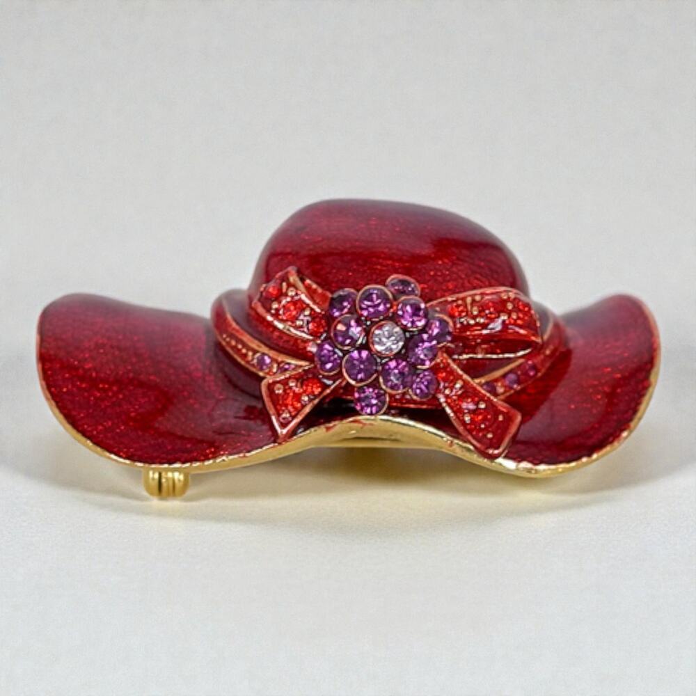 Vintage Red Hat Society Ladies Hat Brooch Gold Tone Red Enamel Rhinestones